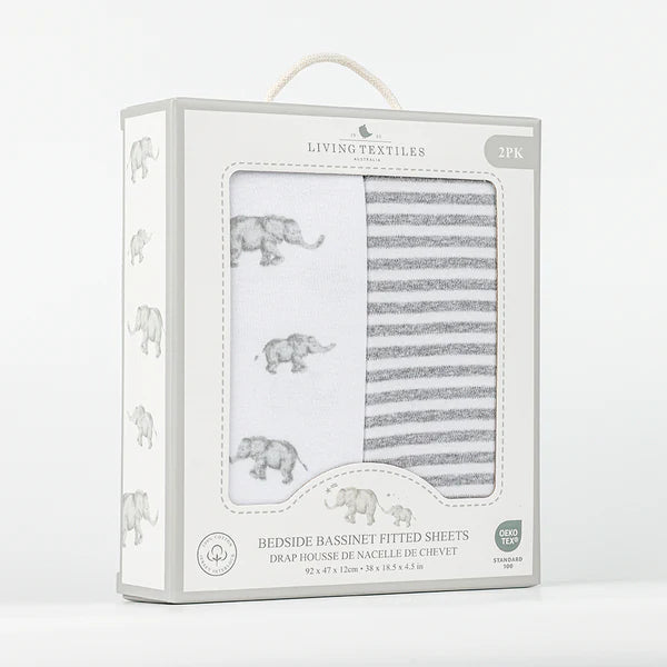 Bedside Bassinet/ Co Sleeper Fitted Sheets 2 Pack - Watercolour Elephant
