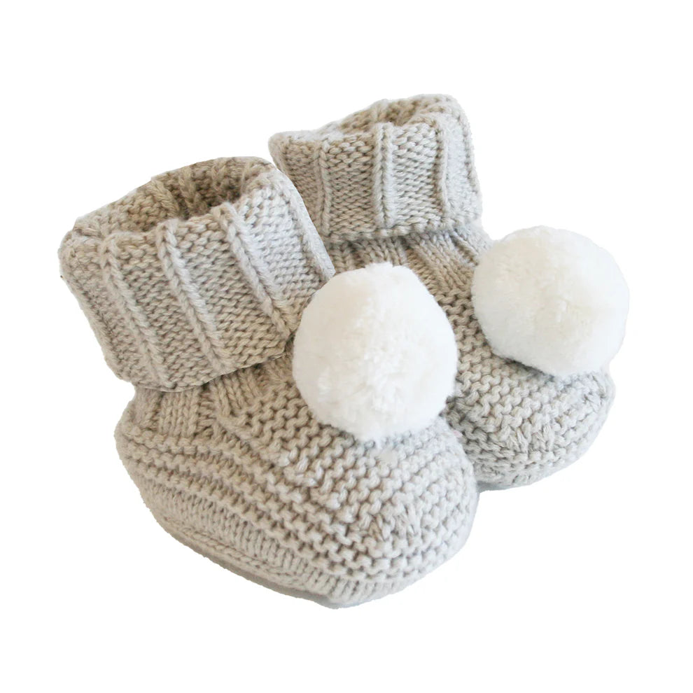 Alimrose Cotton Pom Pom Baby Booties - Latte