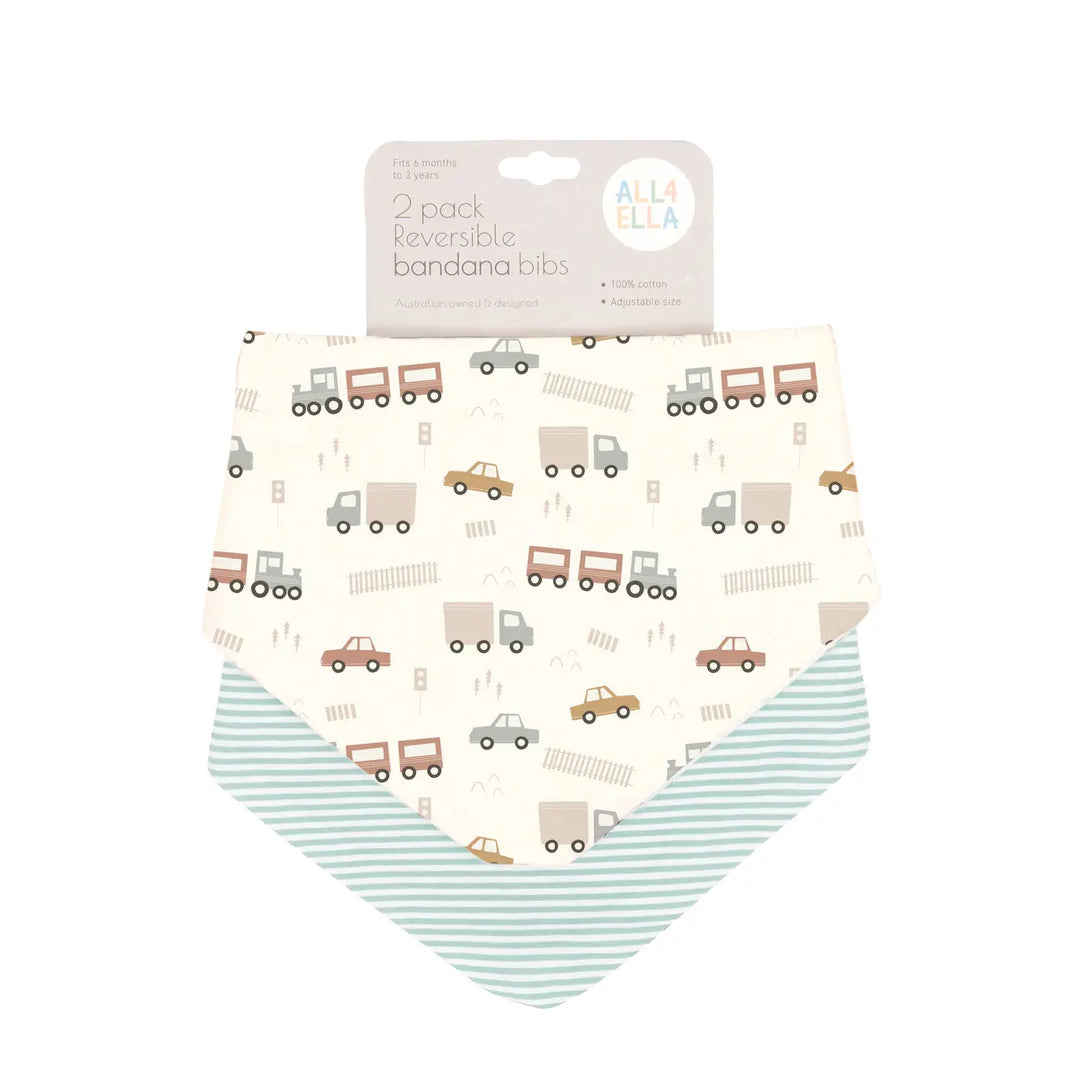 All4Ella Reversible Bandana Bibs 2 Pack - Blue Trucks