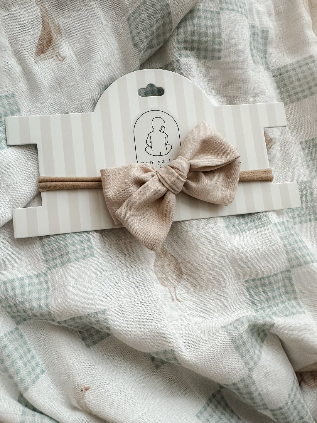 Pop Ya Tot Linen Prairie Bow Headband - Gold Stripe