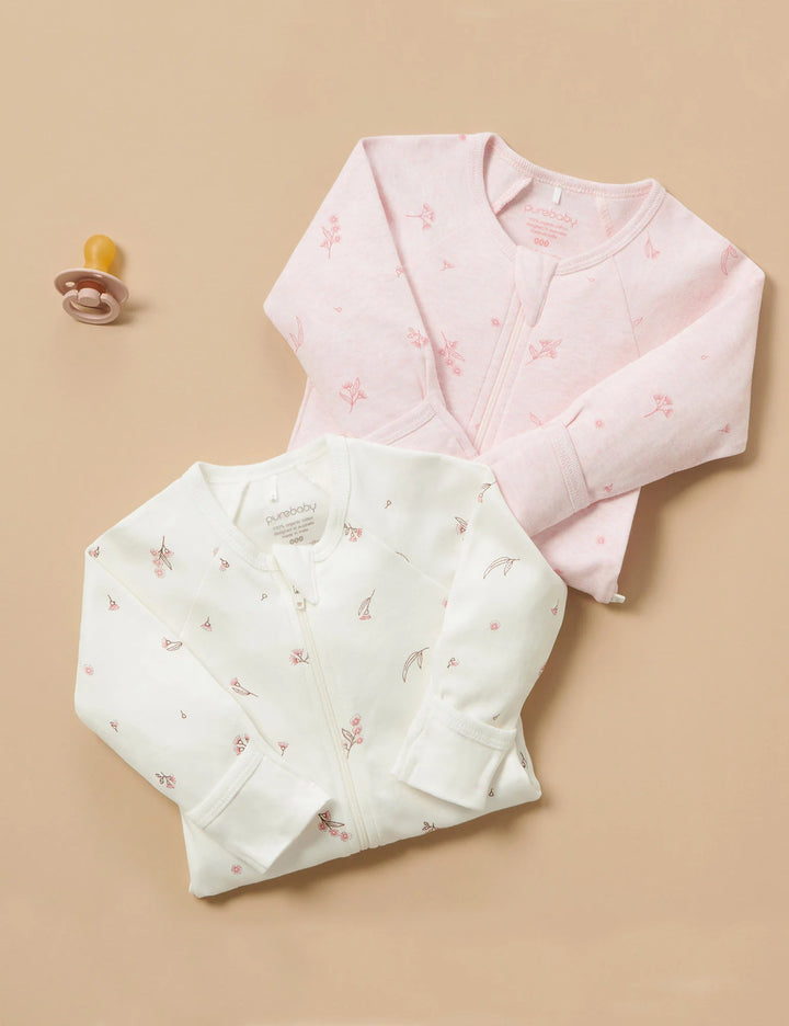 Purebaby Organic Zip Growsuit 2 Pack - Pale Pink Blossom