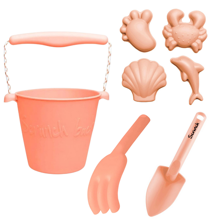 Scrunch Beach Bundle with Bucket, Spade, Rake & Moulds - Coral