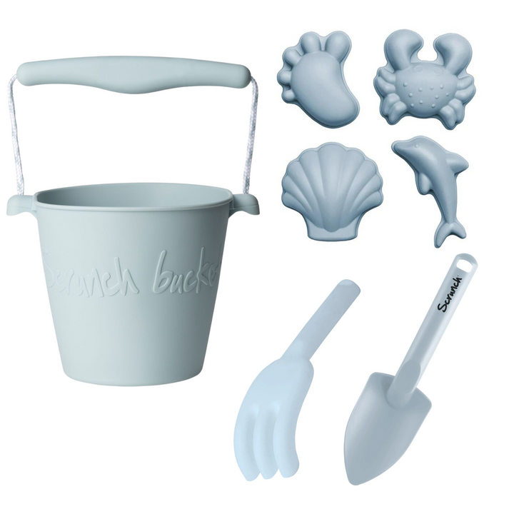 Scrunch Beach Bundle with Bucket, Spade, Rake & Moulds - Duck Egg Blue