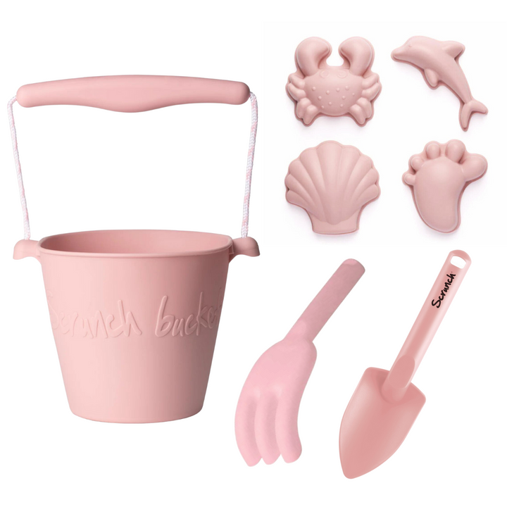 Scrunch Beach Bundle with Bucket, Spade, Rake & Moulds - Dusty Rose