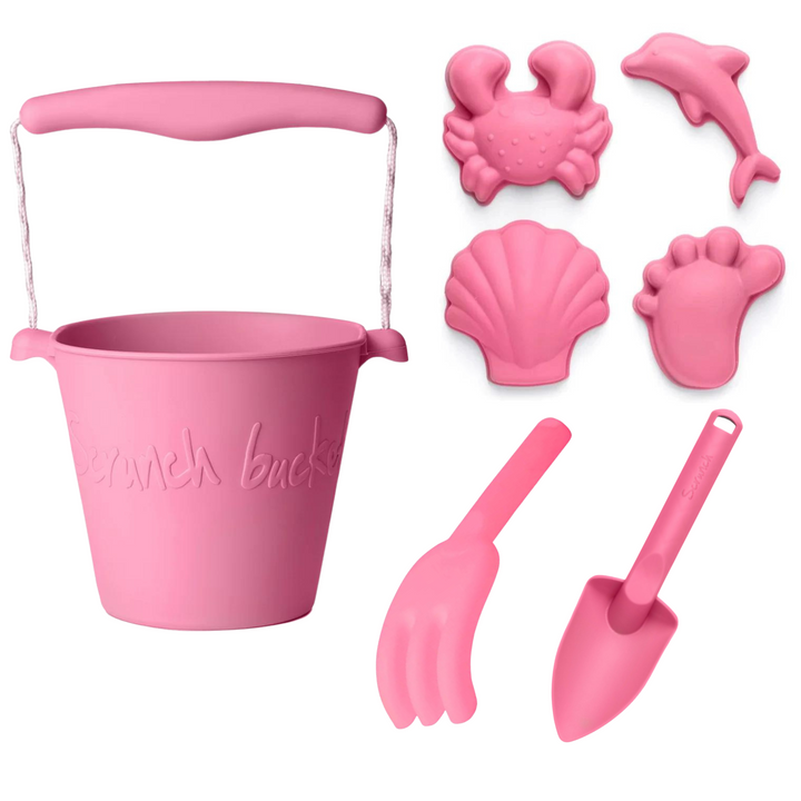 Scrunch Beach Bundle with Bucket, Spade, Rake & Moulds - Flamingo Pink