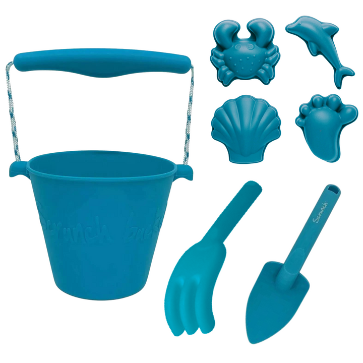 Scrunch Beach Bundle with Bucket, Spade, Rake & Moulds - Petrol