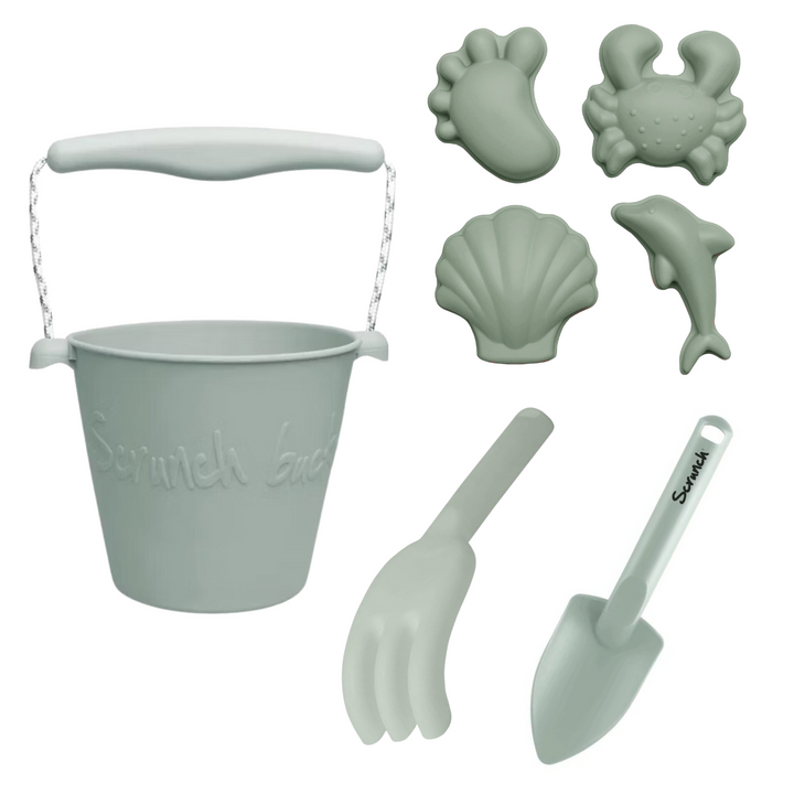 Scrunch Beach Bundle with Bucket, Spade, Rake & Moulds - Sage