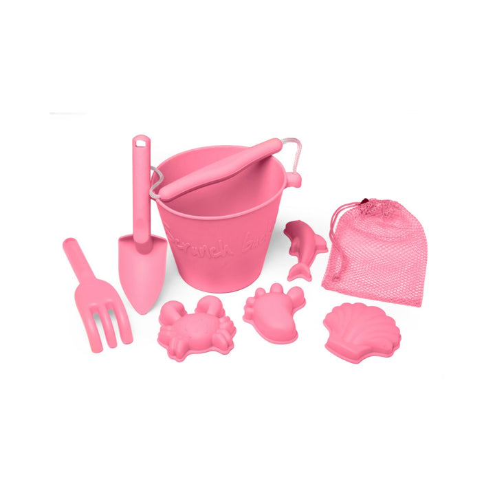 Scrunch Beach Bundle with Bucket, Spade, Rake & Moulds - Flamingo Pink