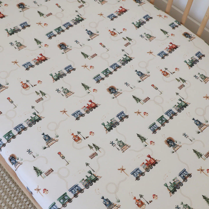 Snuggle Hunny Organic Fitted Jersey Cotton Cot Sheet - Trains