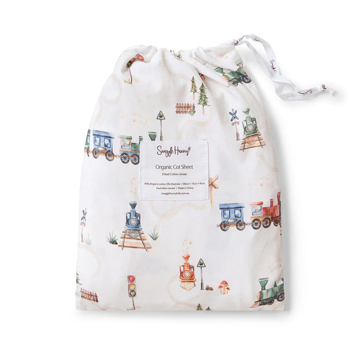 Snuggle Hunny Organic Fitted Jersey Cotton Cot Sheet - Trains