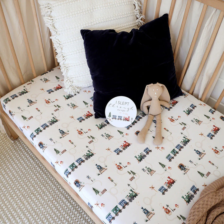 Snuggle Hunny Organic Fitted Jersey Cotton Cot Sheet - Trains
