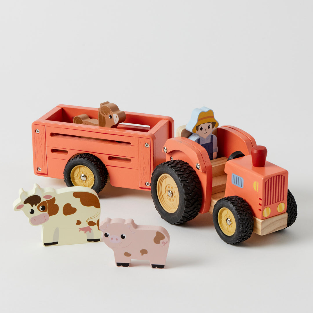 Wooden Farm Tractor and Trailer Set