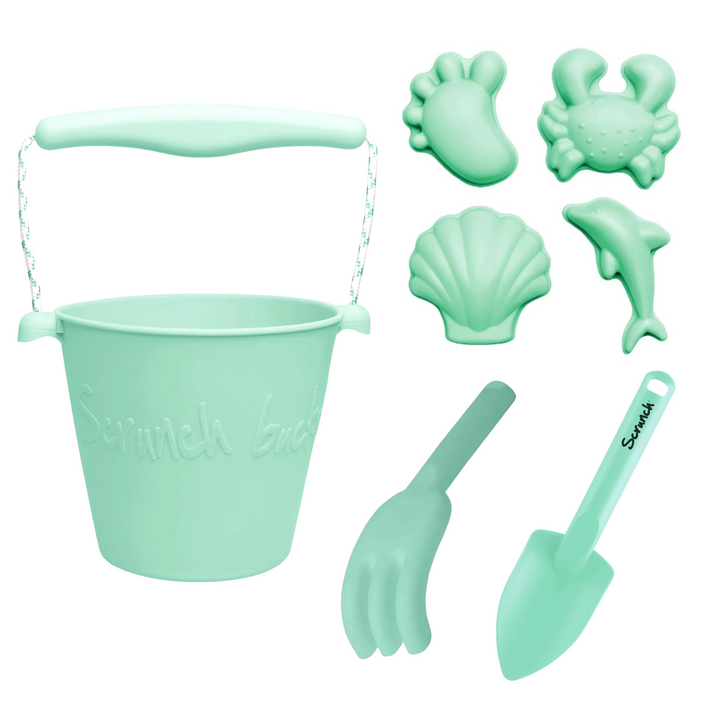 Scrunch Beach Bundle with Bucket, Spade, Rake & Moulds - Spearmint