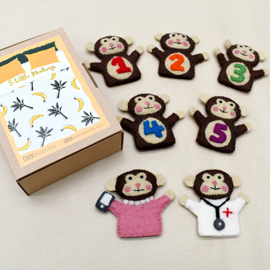 Handmade Felt Finger Puppet Set - Five Little Monkeys
