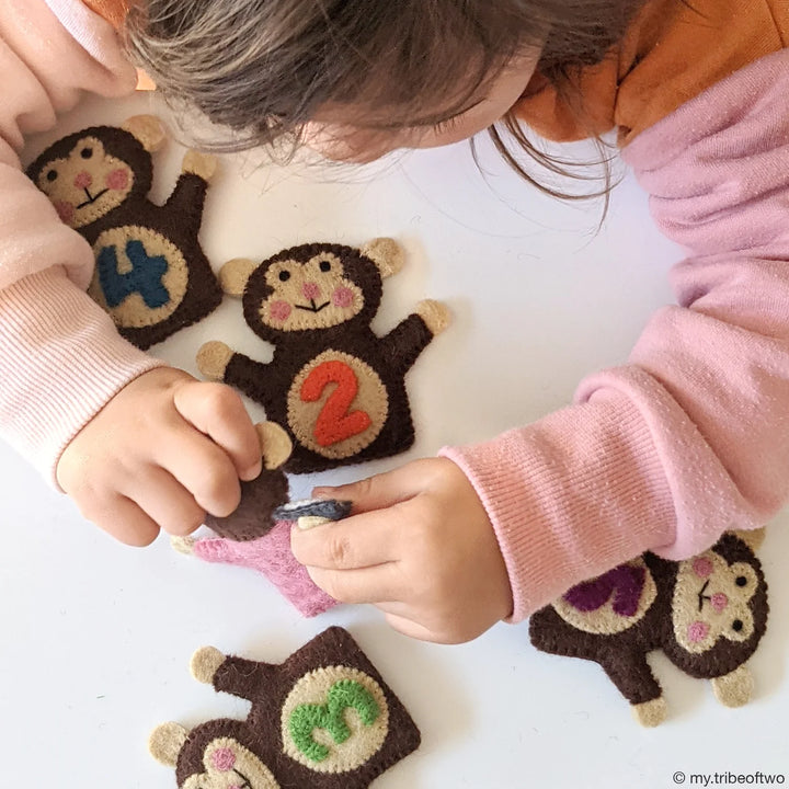 Handmade Felt Finger Puppet Set - Five Little Monkeys