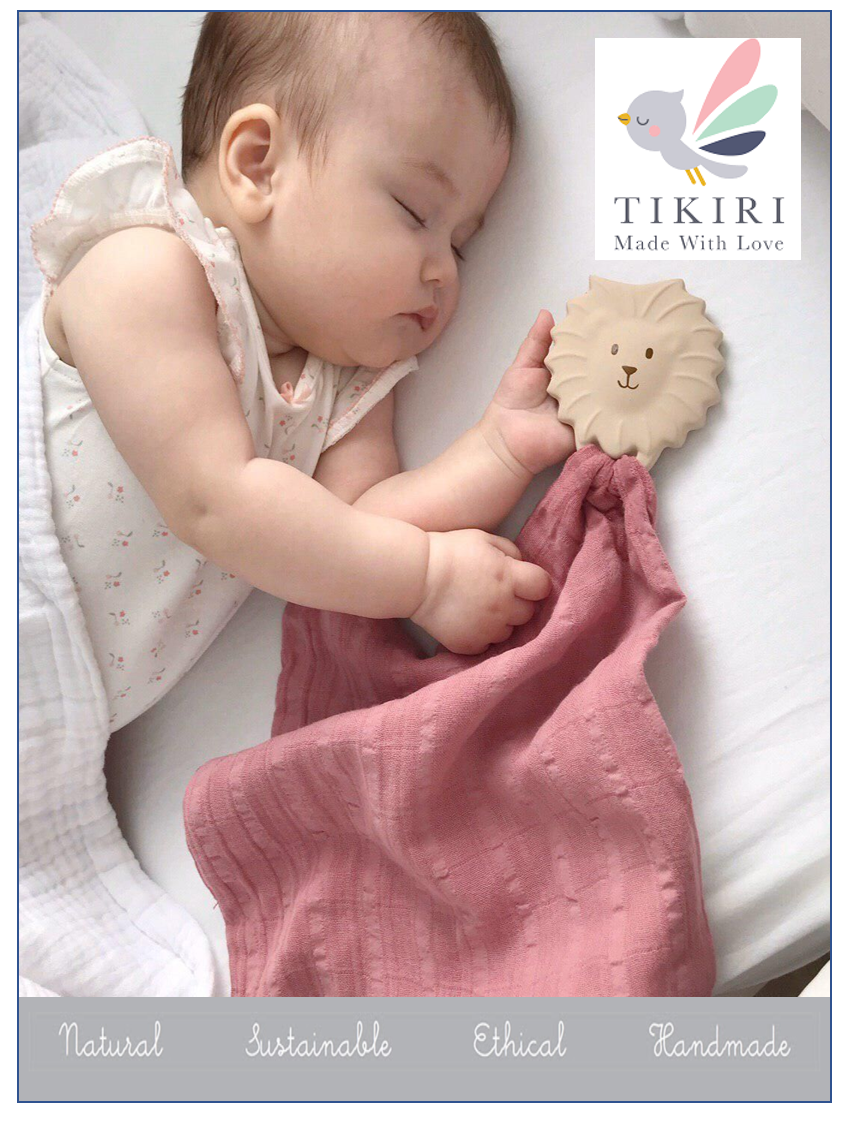 Tikiri Rubber Lion Teether with Dusty Pink Organic Muslin Comforter
