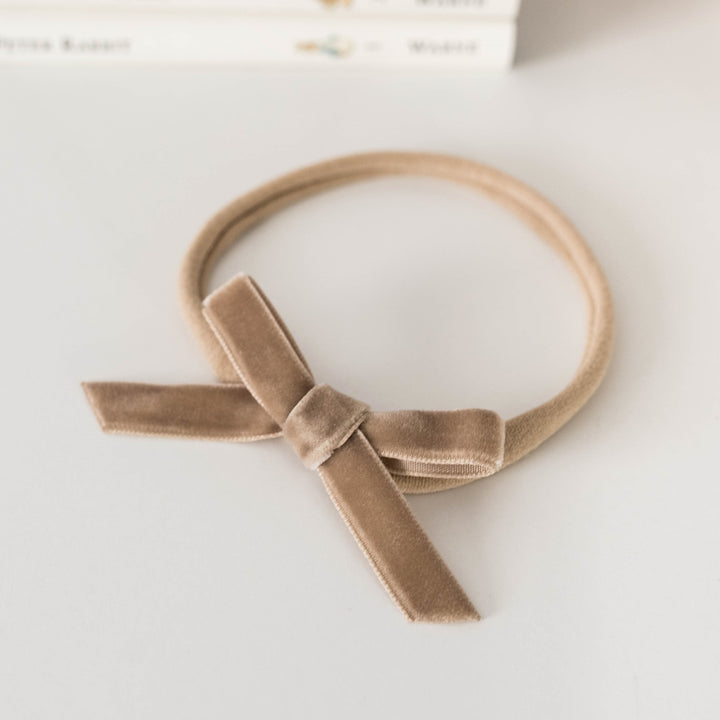 Snuggle Hunny Velvet Bow Stretchy Headband - Pebble