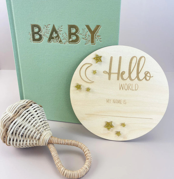 Hello World Announcement Plaque - Moon & Gold Stars