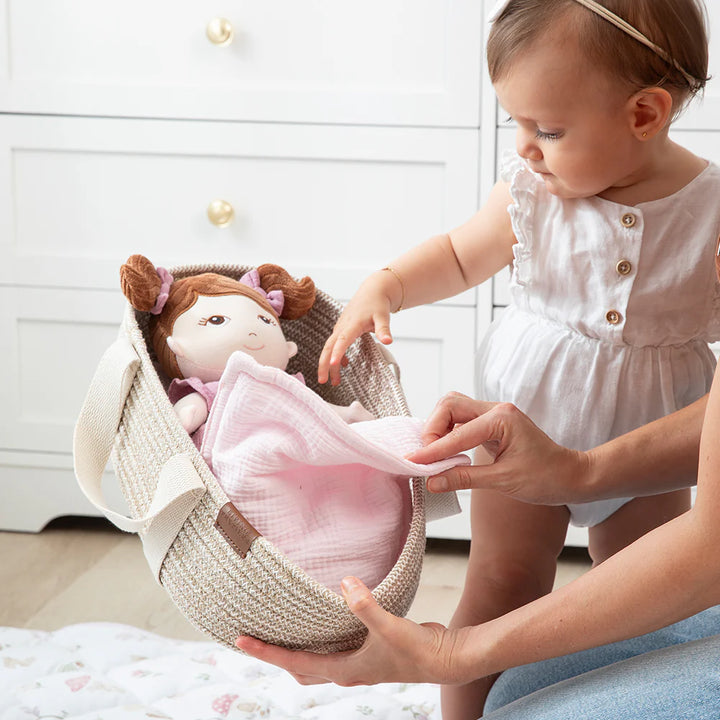 Doll Cotton Rope Moses Basket & Bedding Set - Blush