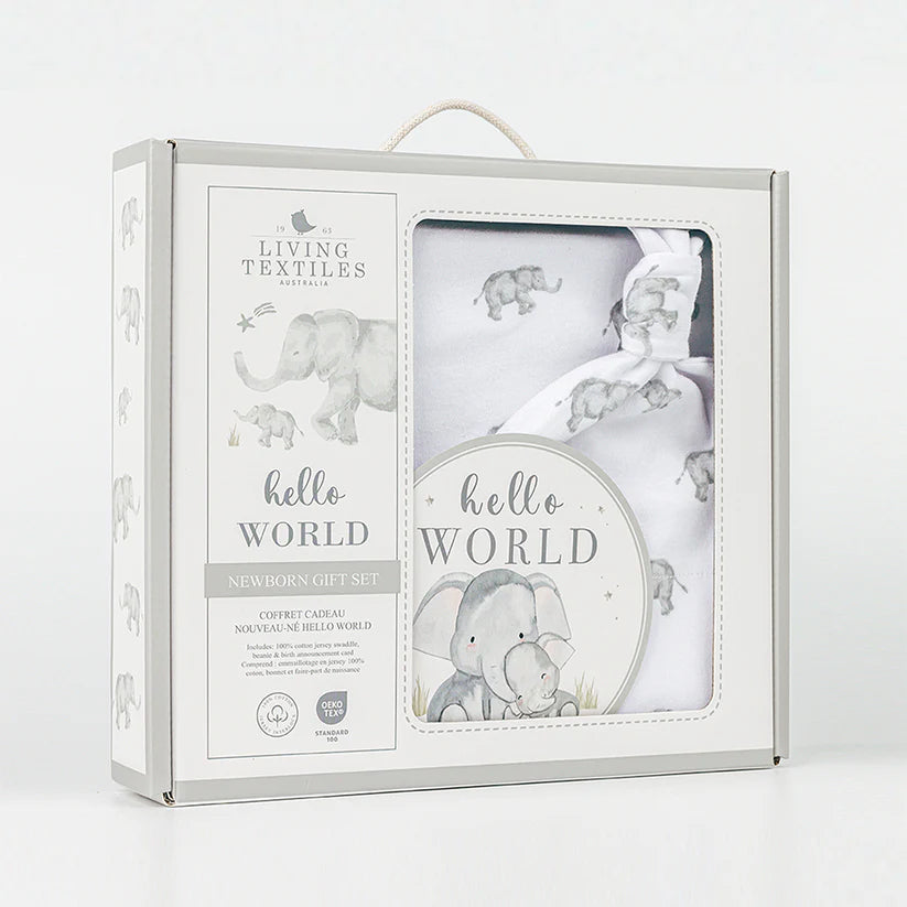 Hello World Baby Jersey Wrap Gift Set - Watercolour Elephant