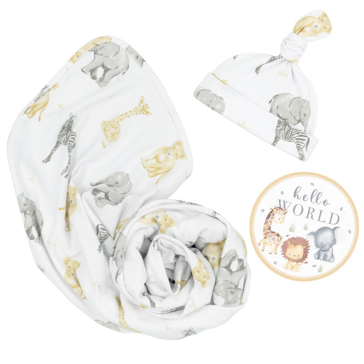 Hello World Baby Jersey Wrap Gift Set - Savanna Babies