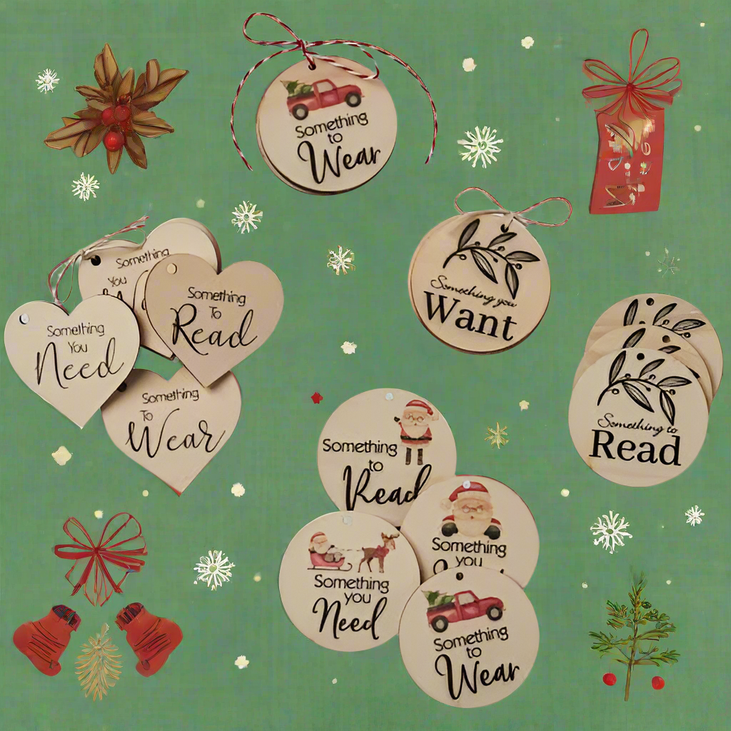 Wooden Christmas Gifting Tag Set 4 Piece Want, Wear, Need, Read