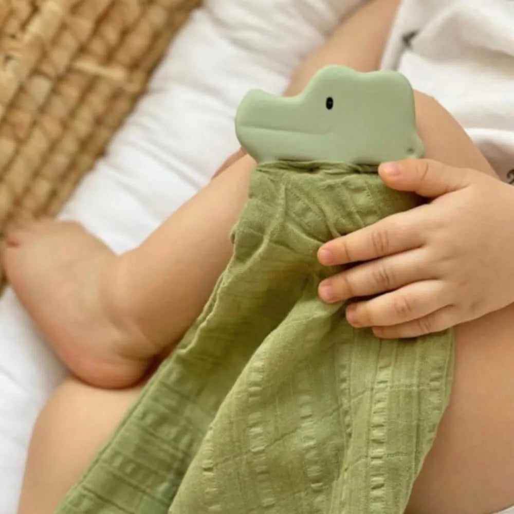 Tikiri Rubber Crocodile Teether with Sage Green Muslin Comforter