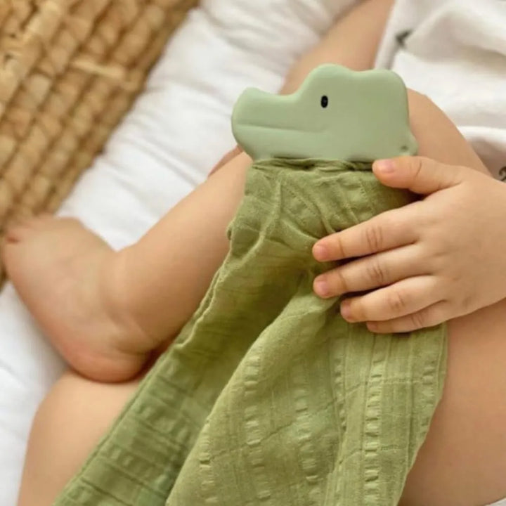 Tikiri Rubber Crocodile Teether with Sage Green Muslin Comforter