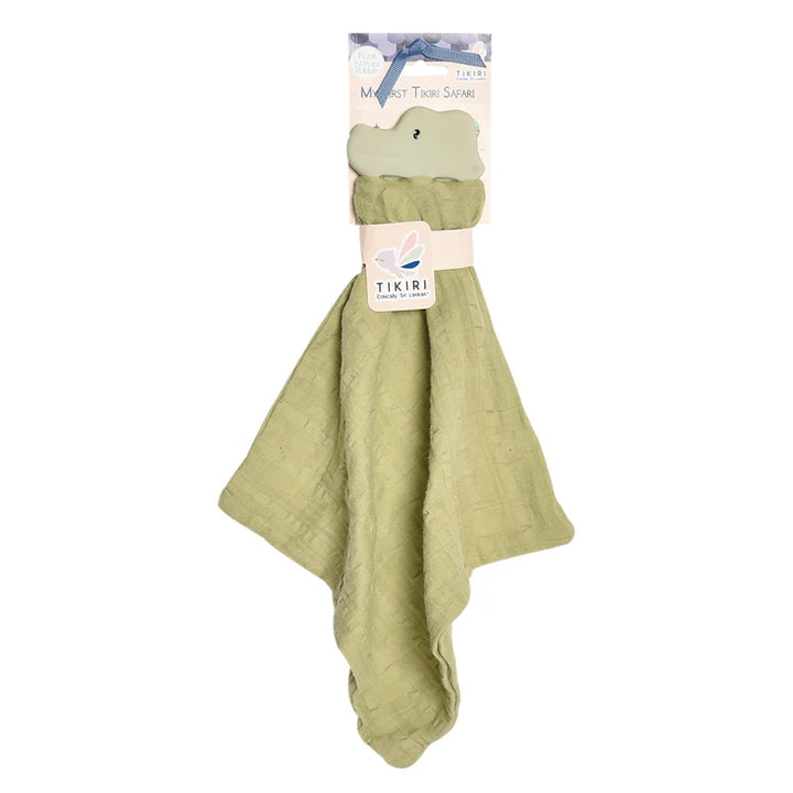Tikiri Rubber Crocodile Teether with Sage Green Muslin Comforter