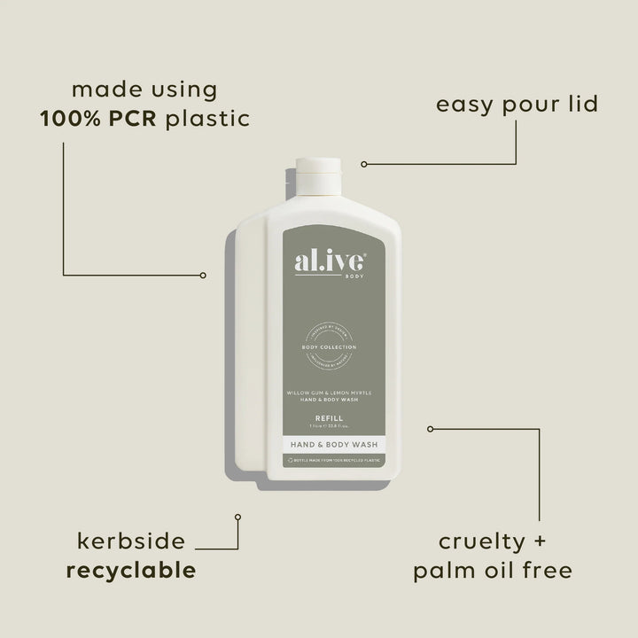 al.ive Hand & Body Wash 1L Refill - Willow Gum & Lemon Myrtle