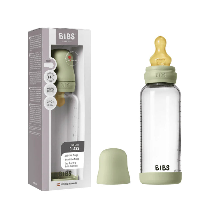 NEW BIBS Baby Glass Bottle Complete Set 240ml | Sage