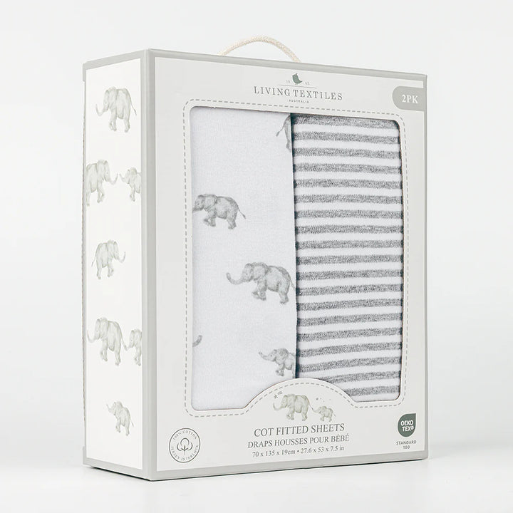 Cot Fitted Sheets 2 Pack - Watercolour Elephant & Grey Stripes