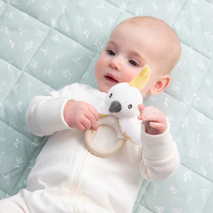 Cotton Knit Ring Rattle & Silicone Teether - Cockatoo