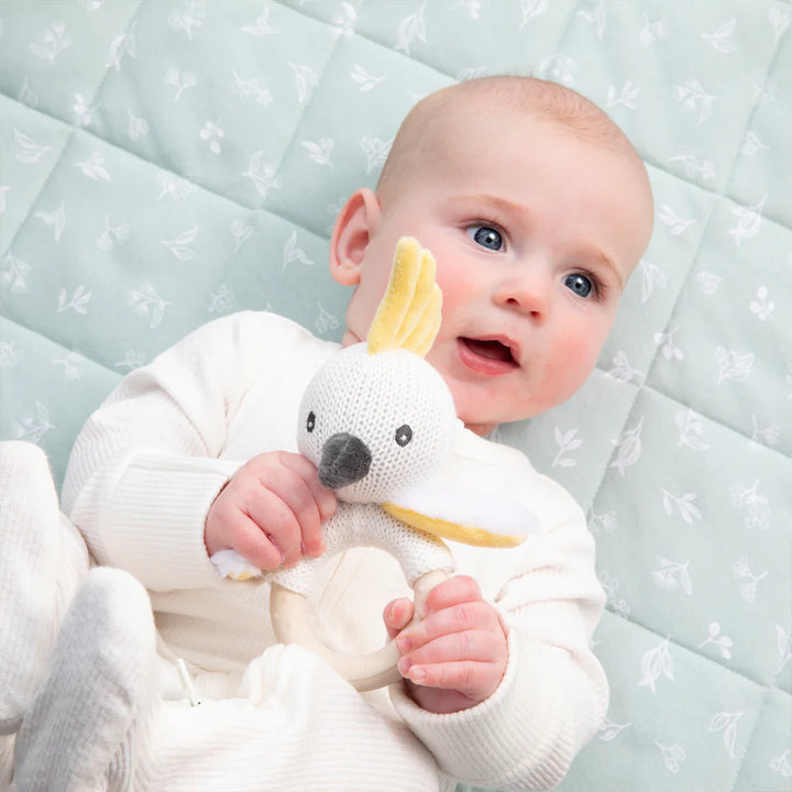 Cotton Knit Ring Rattle & Silicone Teether - Cockatoo