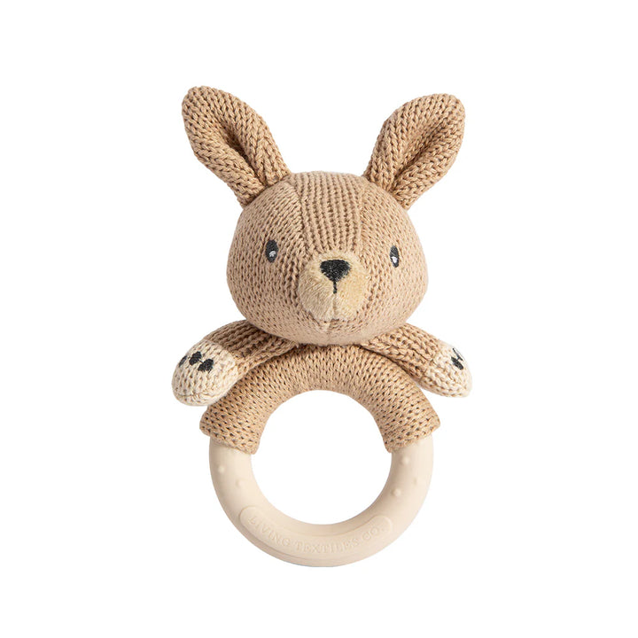 Cotton Knit Ring Rattle & Silicone Teether - Kangaroo