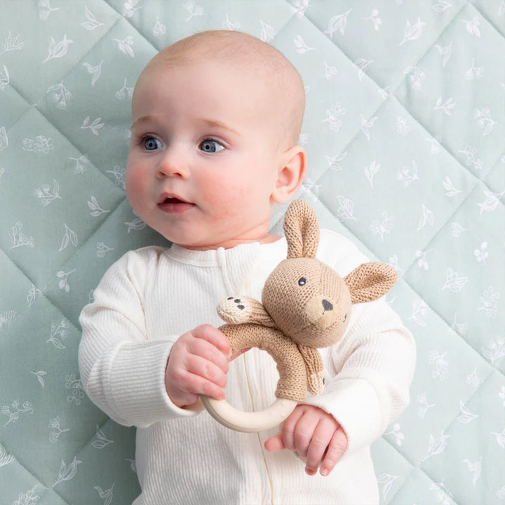 Cotton Knit Ring Rattle & Silicone Teether - Kangaroo