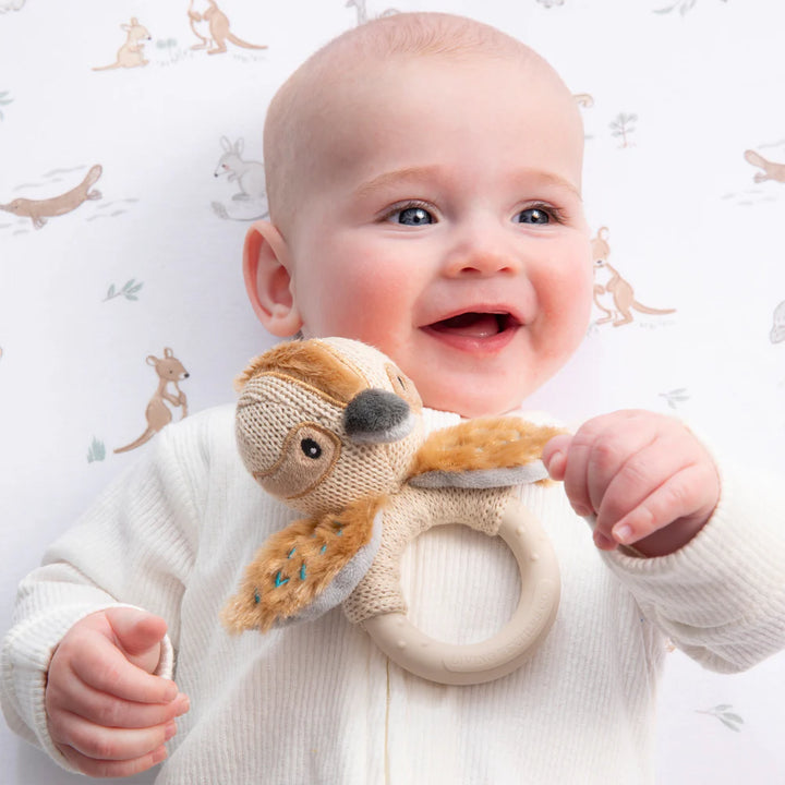 Cotton Knit Ring Rattle & Silicone Teether - Kookaburra