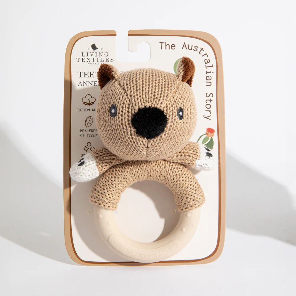 Cotton Knit Ring Rattle & Silicone Teether - Wombat