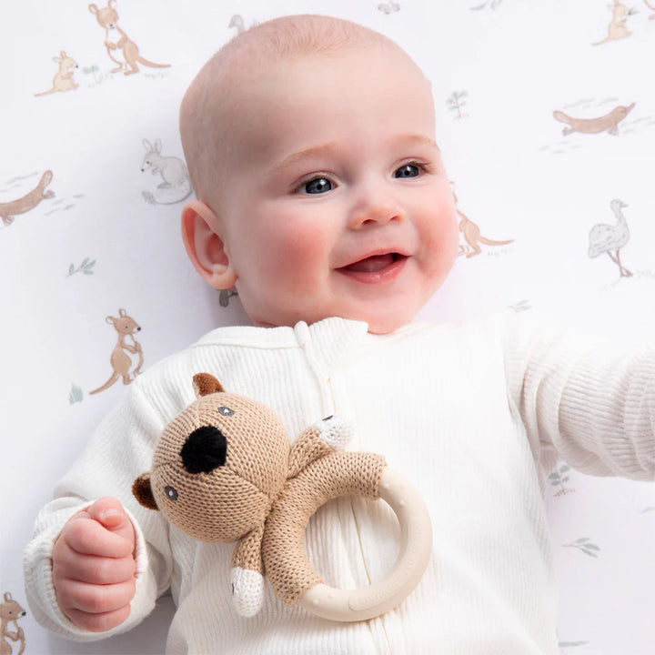 Cotton Knit Ring Rattle & Silicone Teether - Wombat