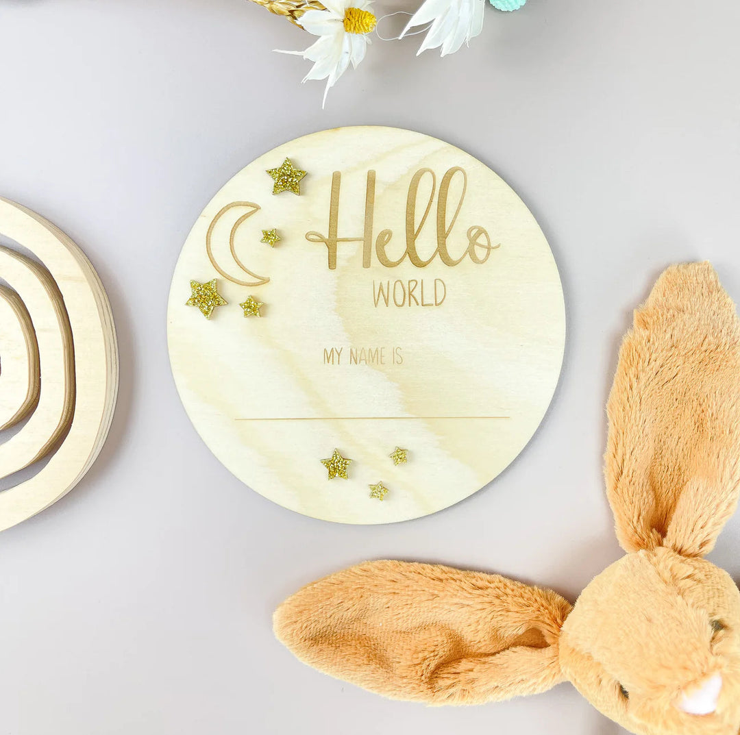Hello World Announcement Plaque - Moon & Gold Stars