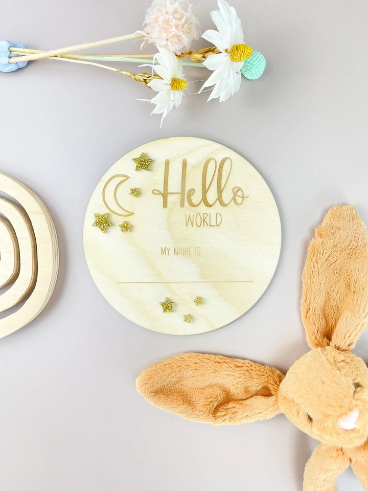 Hello World Announcement Plaque - Moon & Gold Stars