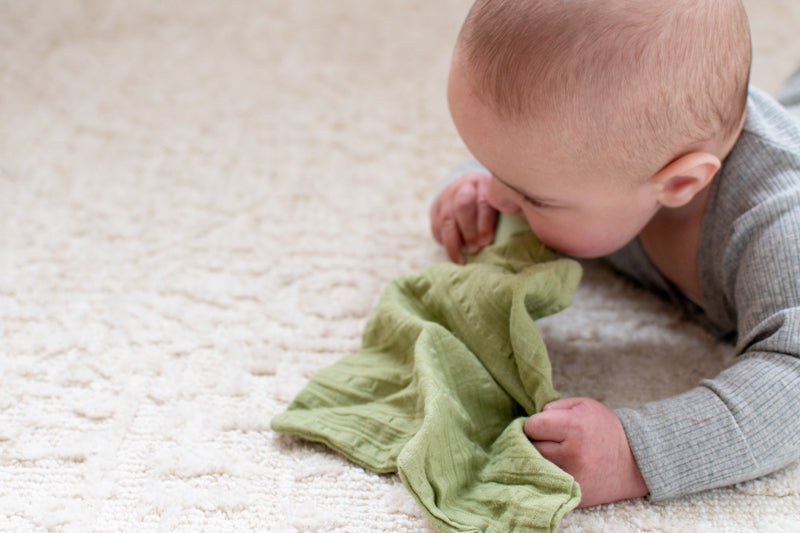 Tikiri Rubber Crocodile Teether with Sage Green Muslin Comforter