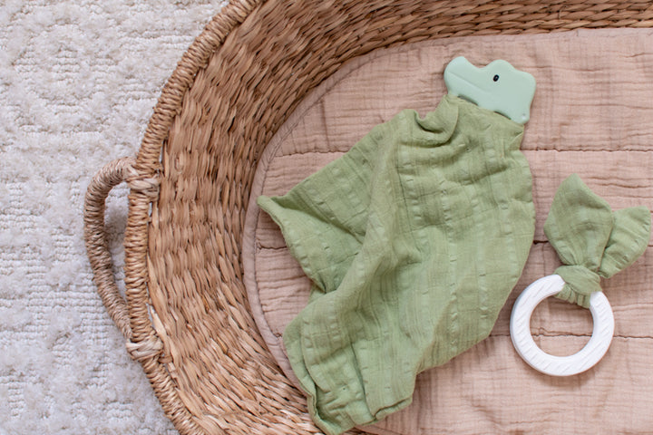 Tikiri Rubber Crocodile Teether with Sage Green Muslin Comforter