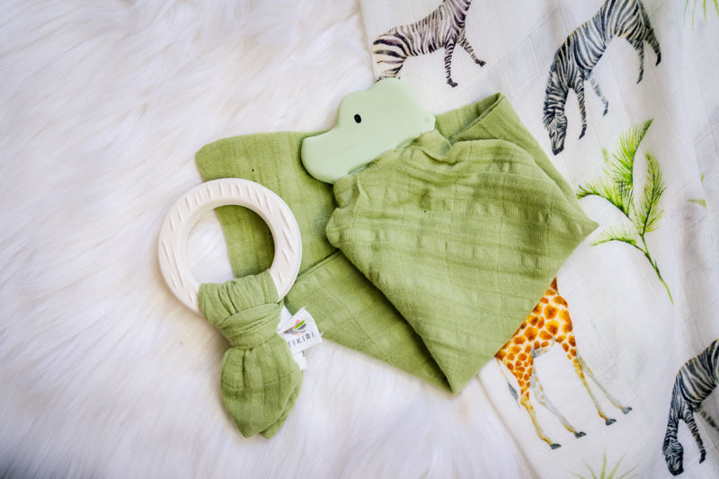 Tikiri Rubber Crocodile Teether with Sage Green Muslin Comforter