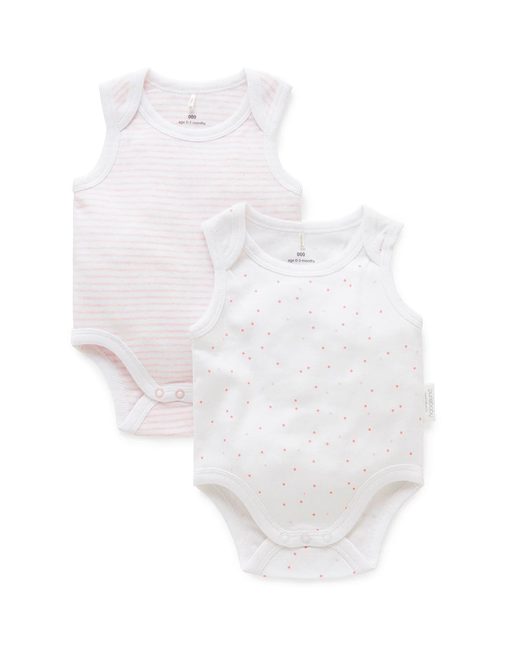 Purebaby Organic Singlet Bodysuit 2 Pack - White Spot & Pale Pink Mélange Stripe