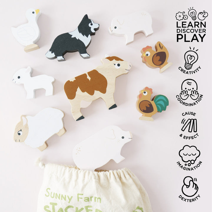 Petilou Wooden Farm Stacking Animals & Bag Gift Set