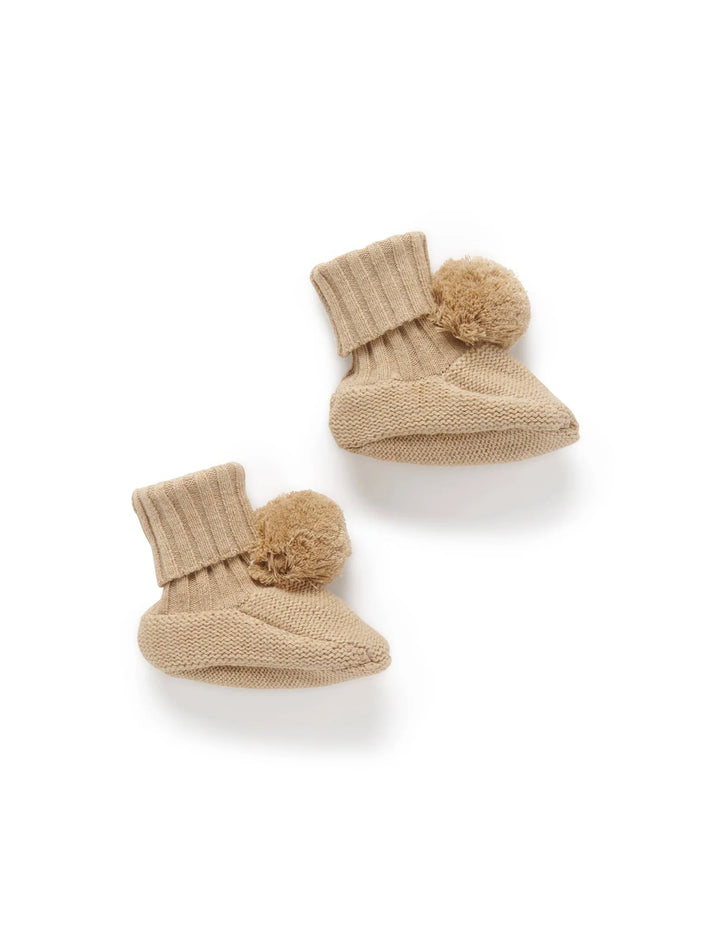Purebaby Pom Pom Booties - Biscuit