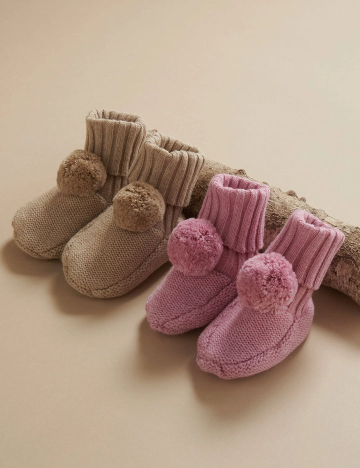 Purebaby Pom Pom Booties - Biscuit