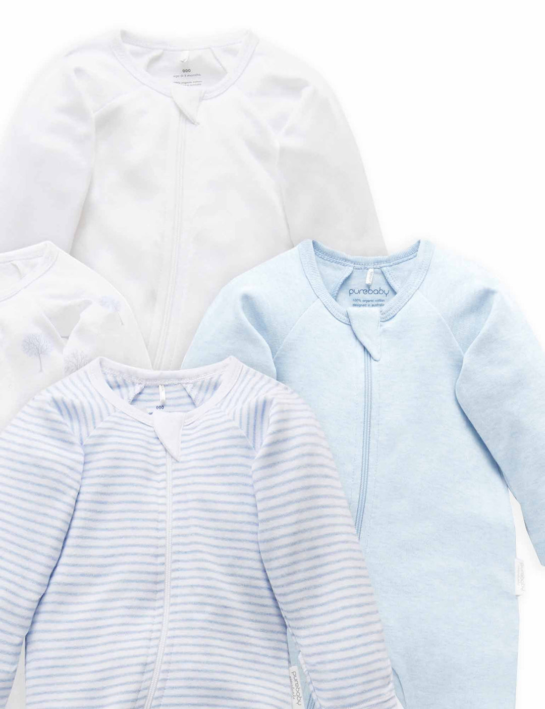 Purebaby Organic Zip Growsuit 4 Pack - Blue