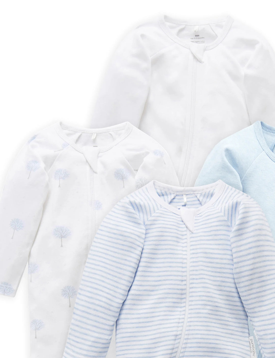 Purebaby Organic Zip Growsuit 4 Pack - Blue